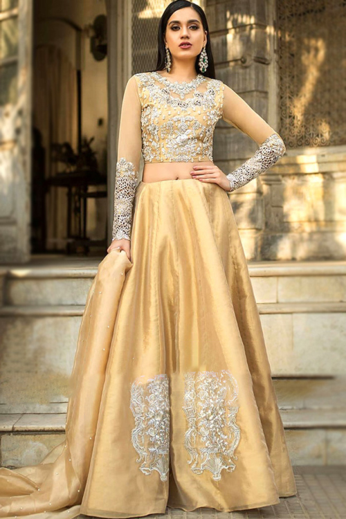 Embroidered Gold Organza A Line Lehenga