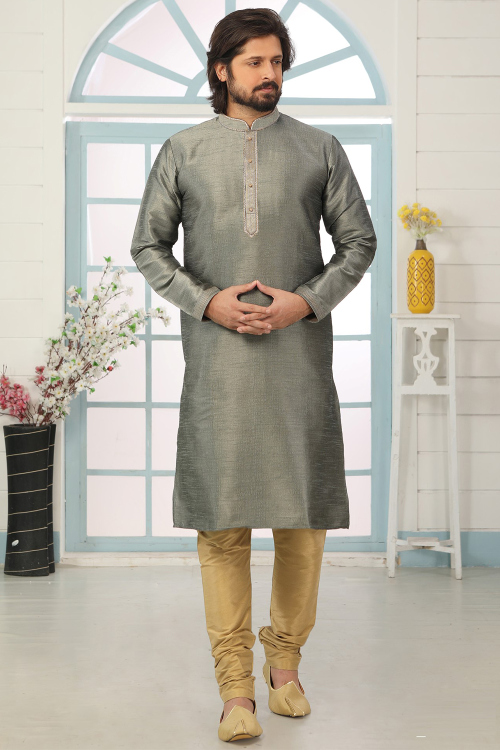 Embroidered Grey Dupion Silk Straight Cut Men' Kurta Churidar