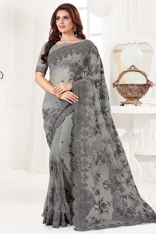 Embroidered Grey Net Saree With Net Blouse