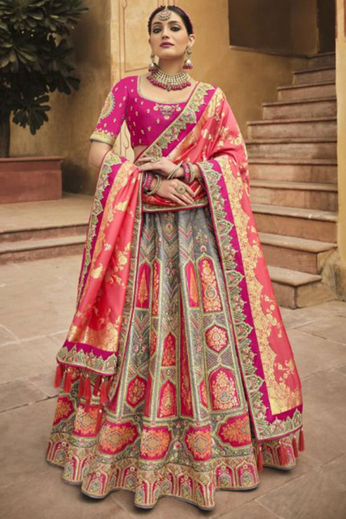 Embroidered Grey Silk A-Line Lehenga