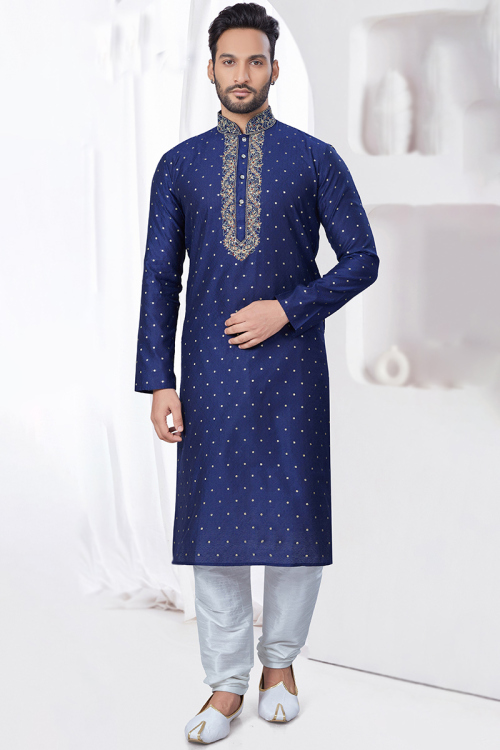 Embroidered Jacquard Navy Blue Straight Cut Men's Kurta Churidar 