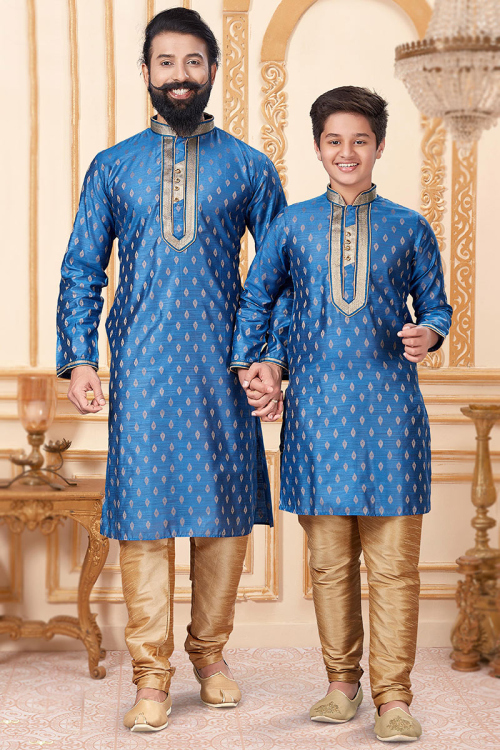 Embroidered Jacquard Sea Blue Father-Son Duo Kurta With Churidar