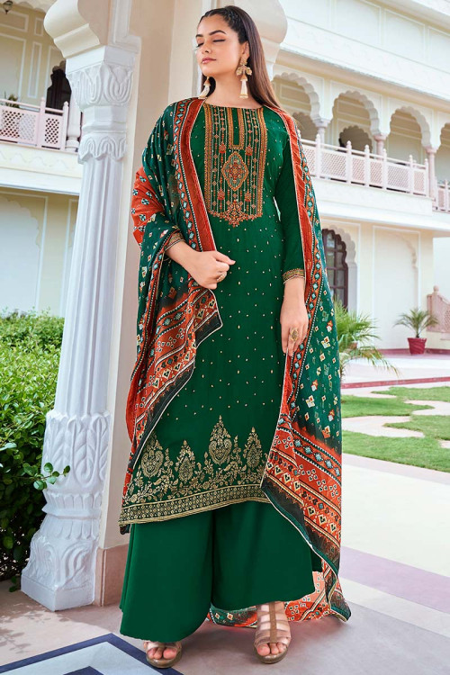 Buy Dress for Prom Jacquard Dark Green Sharara Suit LSTV115754