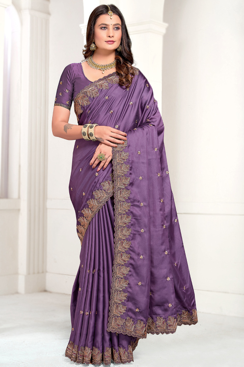 Embroidered Lavender Purple Satin Festival Wear Saree