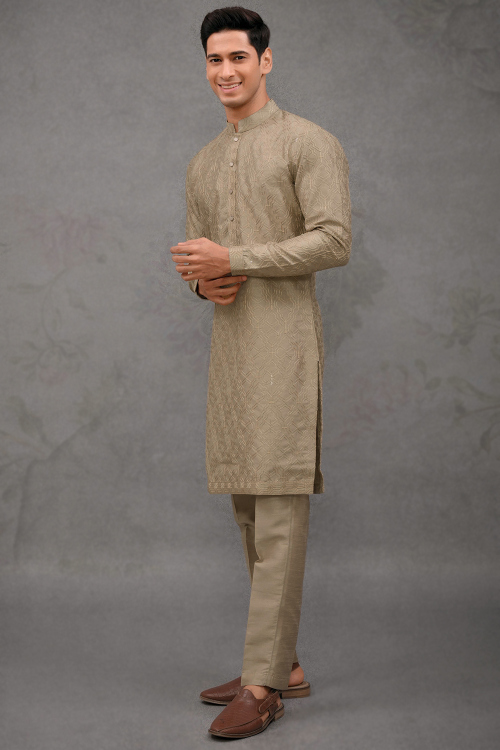 Embroidered Light Brown Silk Straight Cut Men's Kurta Pajama