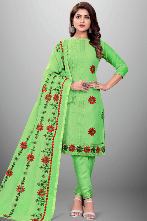 Embroidered Light Green Chanderi Silk Casual Wear Churidar Suit
