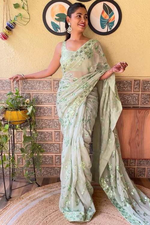 Embroidered Light Green Georgette Heavy Saree