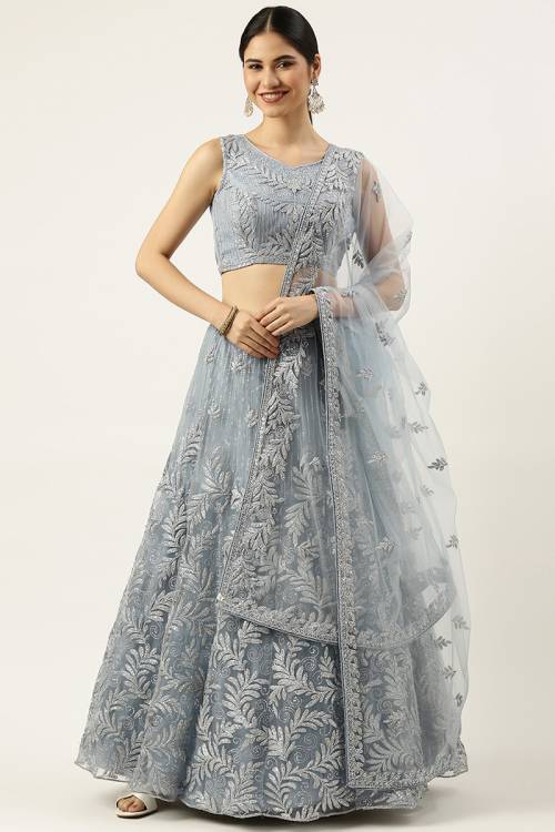 Embroidered Light Grey Net A Line Lehenga