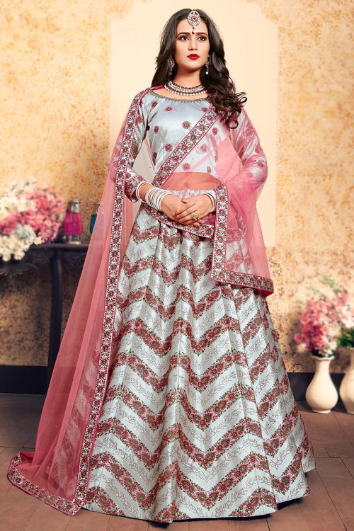 Embroidered Light Grey Satin Panelled Lehenga