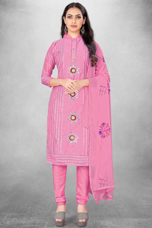 Embroidered Light Pink Cotton Churidar Churidar Suit