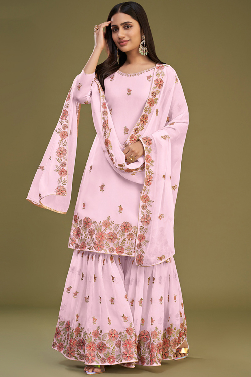 Embroidered Light Pink Straight Cut Georgette Sharara Suit 