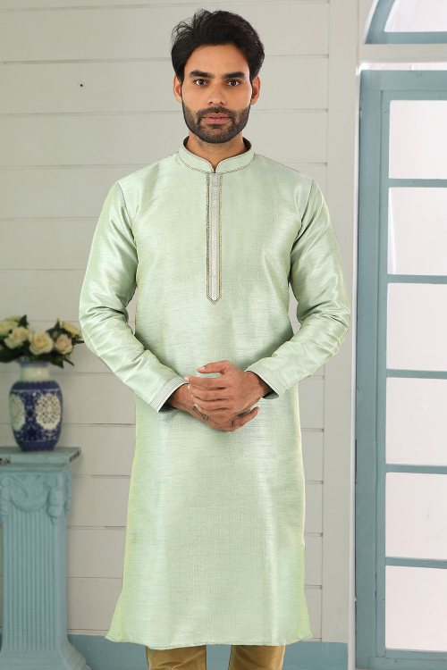 Embroidered Light Pistachio Green Dupion Silk Men's Kurta