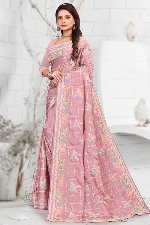 Embroidered Light Weight Crepe Light Pink Saree 