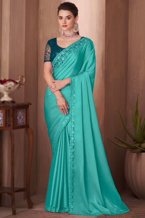 Embroidered Light Weight Satin Saree In Turquoise Green