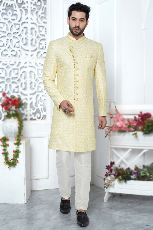 Embroidered Light Yellow Men's Sherwani in Art Silk