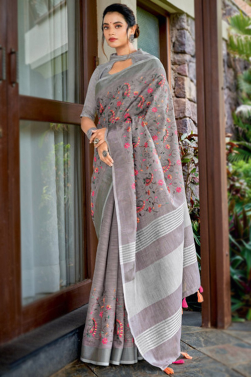 Embroidered Linen Grey Saree