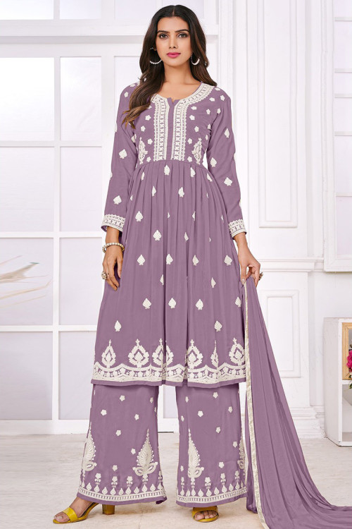 Embroidered Mauve Georgette Palazzo Pant Suit for Eid