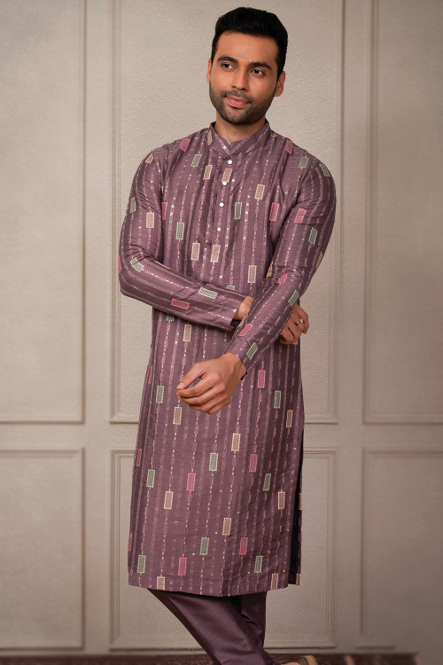 Embroidered Mauve Taupe Silk Straight Cut Men's Kurta Pajama