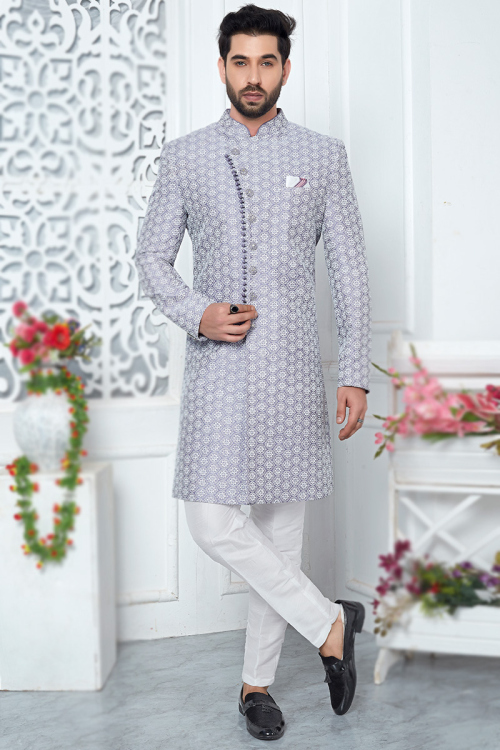 Embroidered Men's Sherwani in Art Silk Pastel Dark Blue