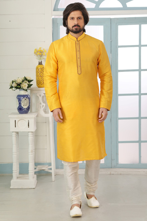Embroidered Mustard Yellow Dupion Silk Men' Kurta Churidar