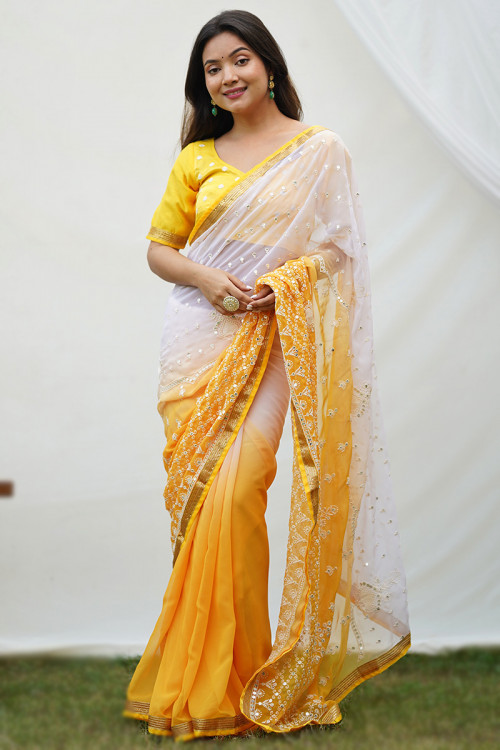 Embroidered Mustard Yellow Georgette Ombre Saree