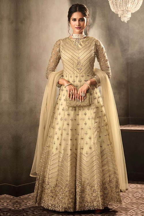 Embroidered Net Anarkali Suit In Beige Colour