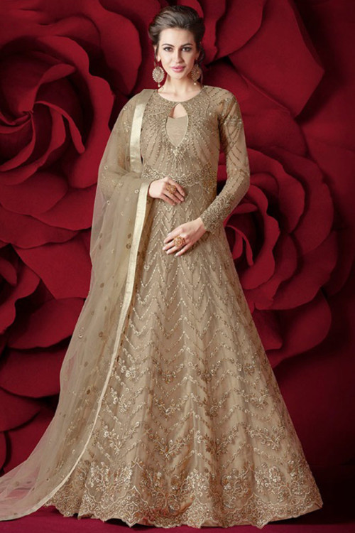 Embroidered Net Anarkali Suit In Beige Colour