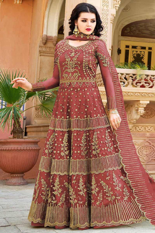Embroidered Net Anarkali Suit In Chestnut Brown Colour