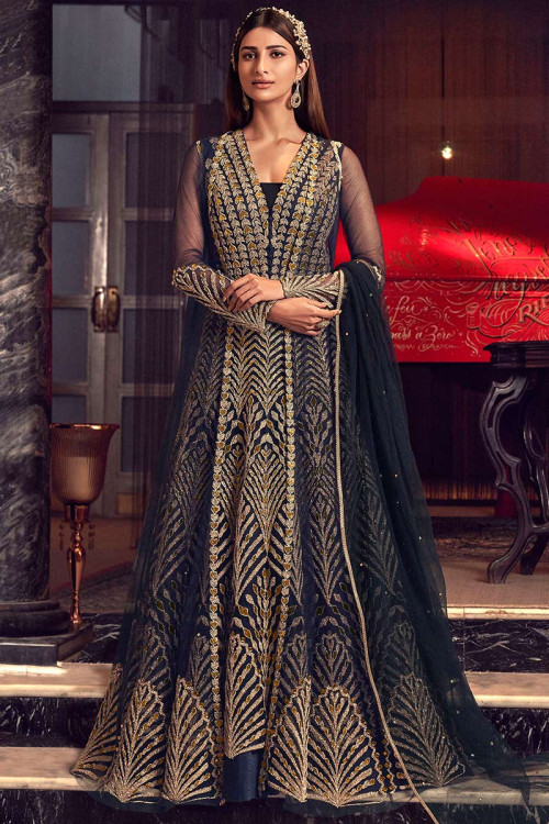 Embroidered Net Anarkali Suit In Midnight Blue Colour