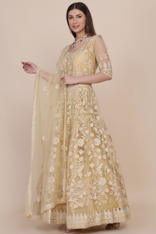 Net Beige Party Wear Anarkali Suit with Resham embroidery