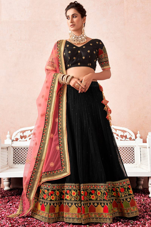 EthnoVogue Black & Red Embroidered Made to Measure Lehenga & Blouse with  Dupatta - Absolutely Desi