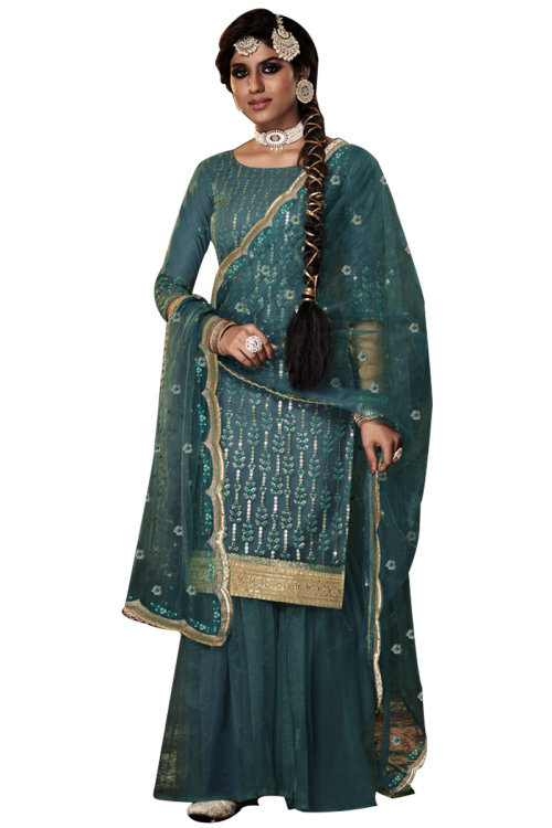 Embroidered Net Teal Blue Sharara Suit