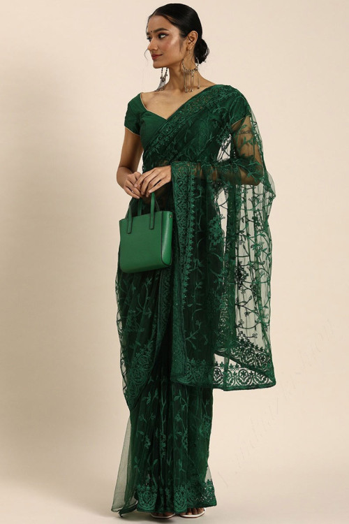 Embroidered Net Bottle Green Party Wear Saree- GREEN SAREES LOOK FOR PARTY