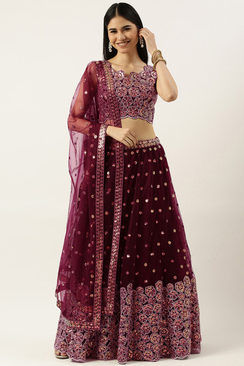 Net Lehenga with Resham Embroidery in Burgundy Maroon for Party 
