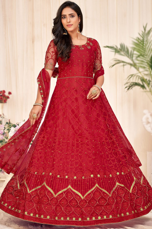 Embroidered Net Cherry Red Anarkali Suit