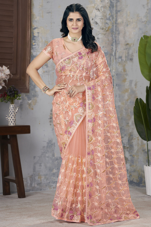 Embroidered Net Coral Peach Festival Wear Saree 
