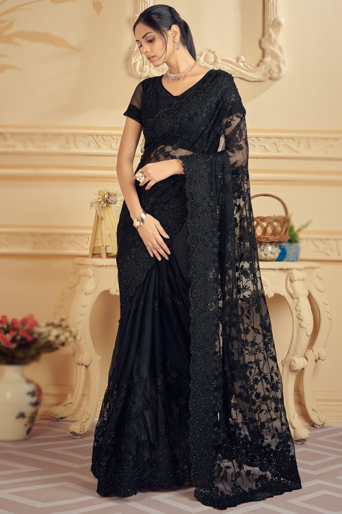 Party Wear Thread Embroidered Dark Black Saree in Net