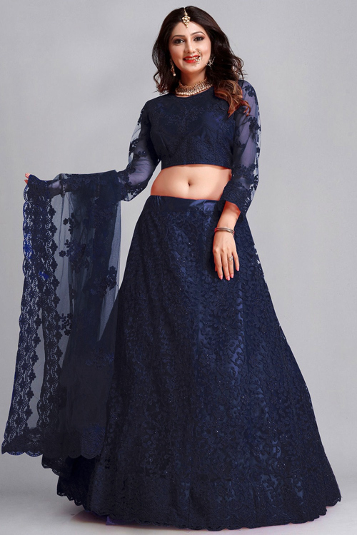 Embroidered Net Dark Blue Lehenga