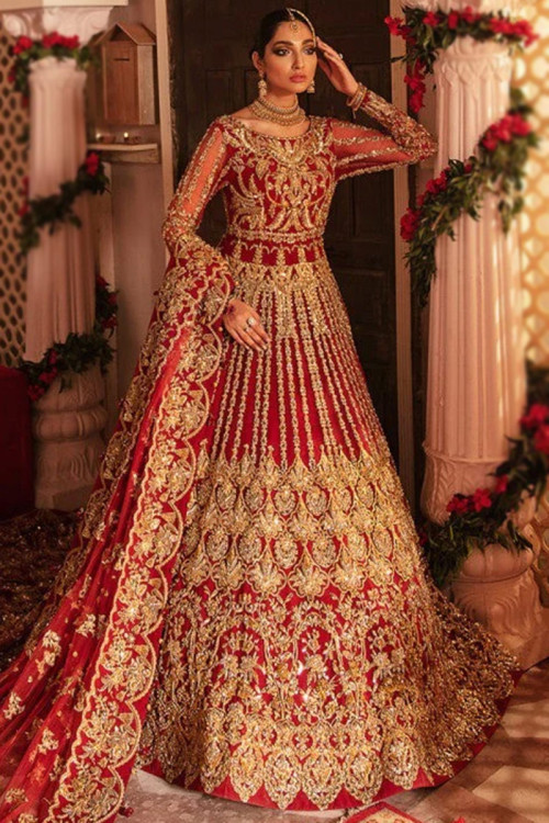 Brown Bridal Anarkali Gown In Net Heavy Embroidery Work SFHLD2705 –  ShreeFashionWear
