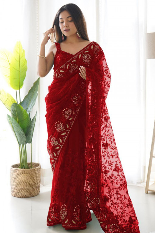 Embroidered Net Deep Red Heavy Saree 