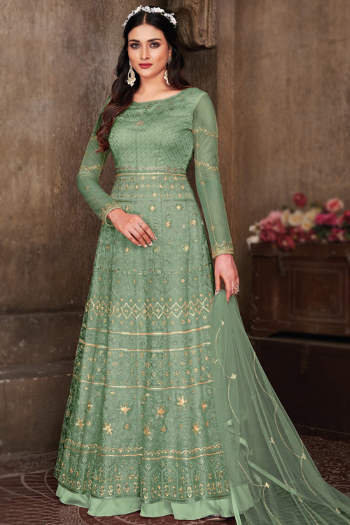 Dusty Green Anarkali Style Net Anarkali Suit for Party 