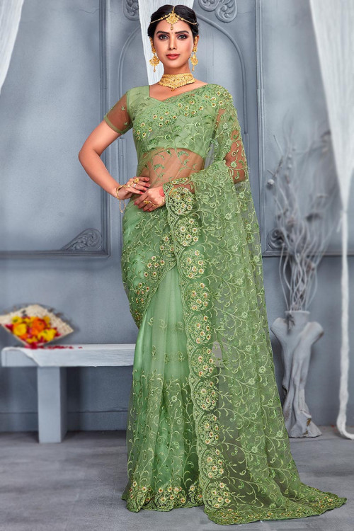 Stone Work Dusty Green Saree in Net for Party 