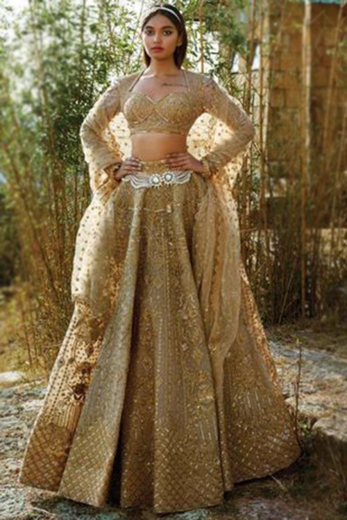 Cutdana Work Wedding Wear Lehenga in Gold Net