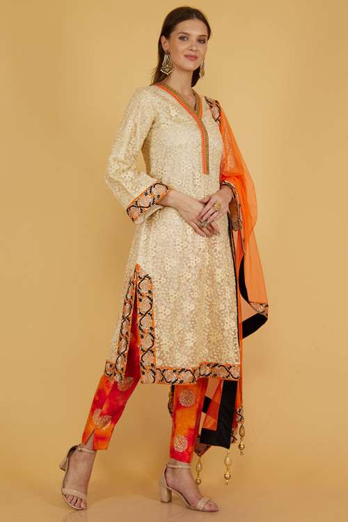 Embroidered Net Beige Trouser Suit for Eid