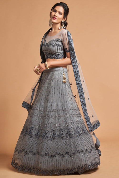 Embroidered Net Grey Lehenga