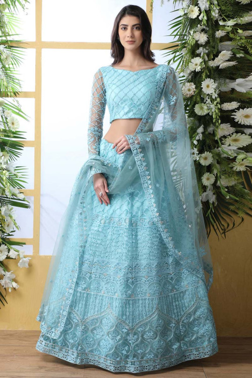 Buy Embroidered Net Lehenga Choli In Baby Blue Colour Online ...