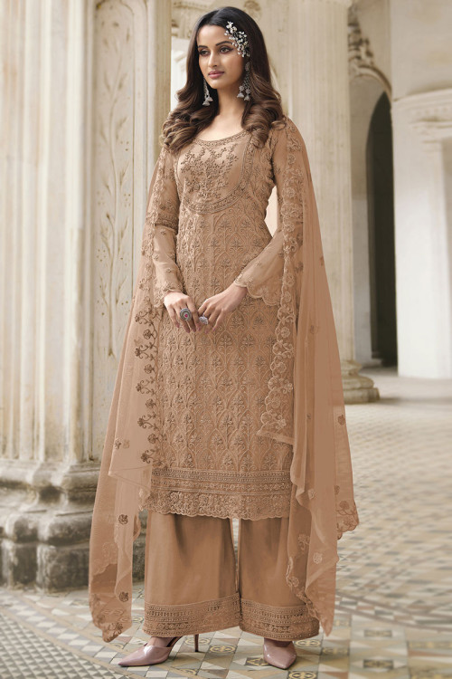 Embroidered Net Light Brown Straight Cut Suit