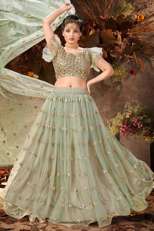 Embroidered Net Sage Green Party Wear Lehenga