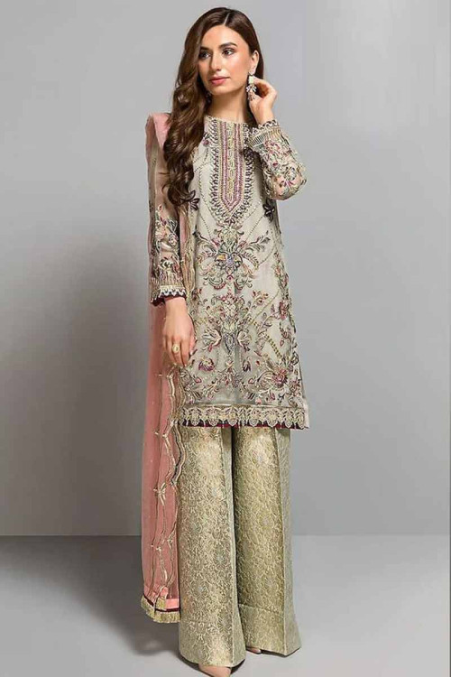 Embroidered Net Light Grey Pakistani Wedding Trouser Suit