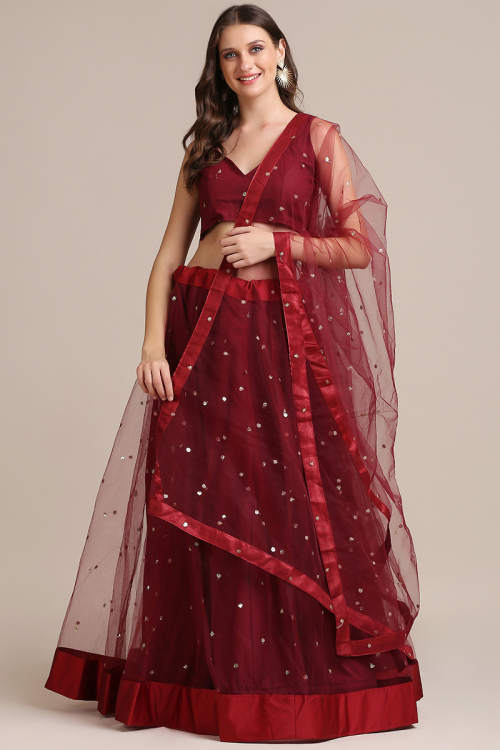 Embroidered Net Maroon Lehenga